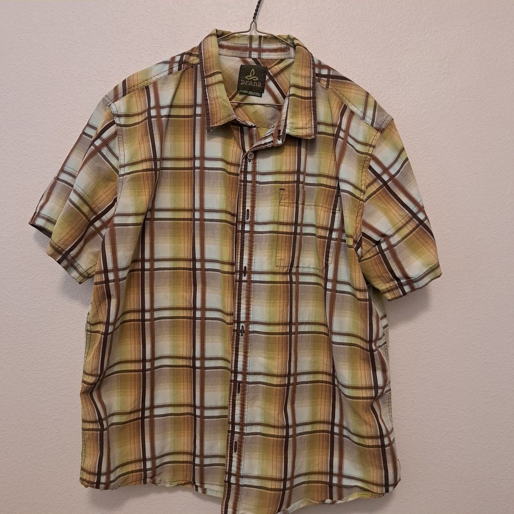 Prana Mens Short Sleeve Plaid Button Down Shirt Brown Tan Green XL